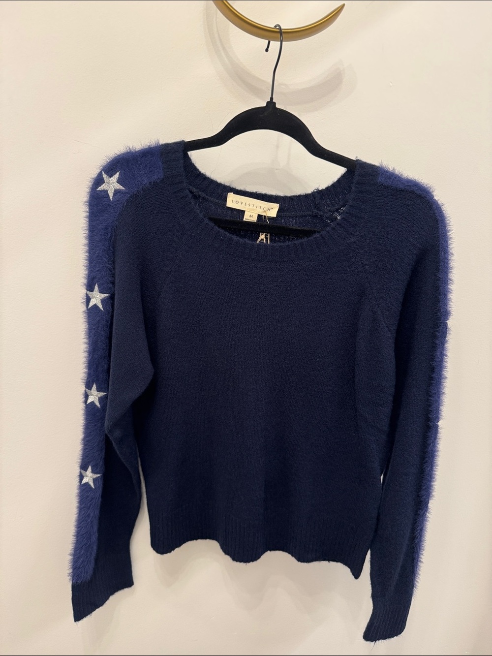 lovestitch Navy Crewneck Sweater with Star-Trim Sleeves